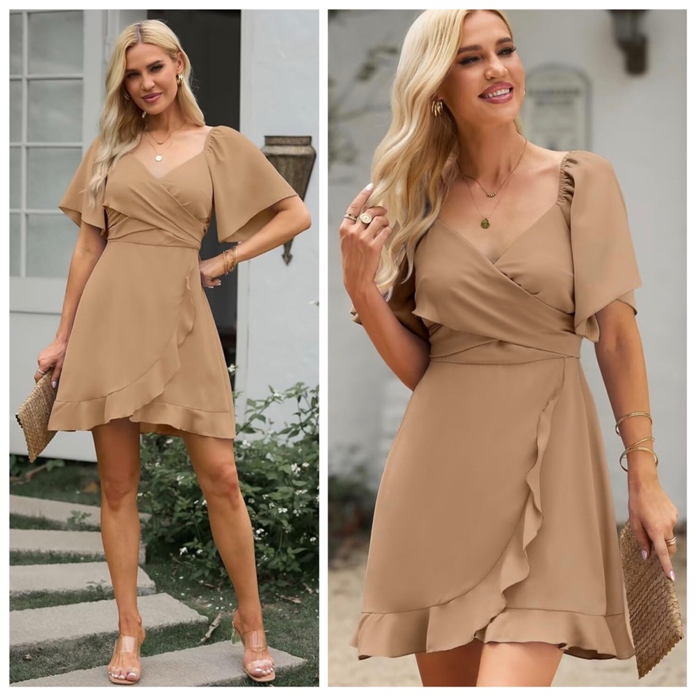 NWT Dokotoo Tan Beige V Wrap Tie Ruffle Flutter Sleeve Cocktail Mini Dress S